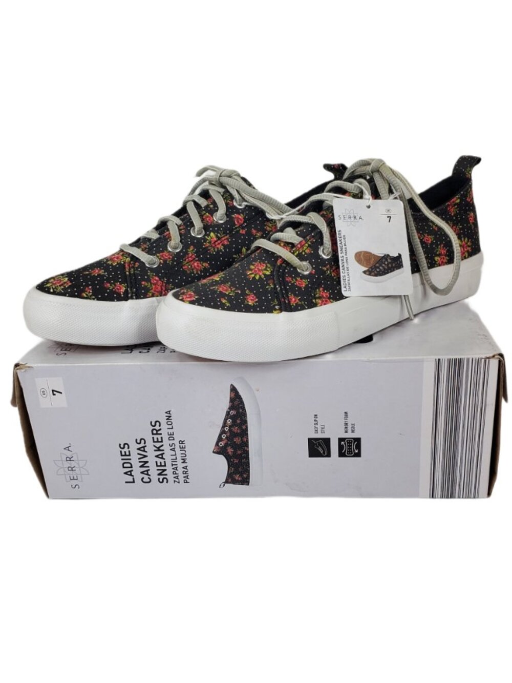 Serra Ladies Black Canvas Sneakers w/ Pink Floral Pattern Polka Dots Size 7 NWT